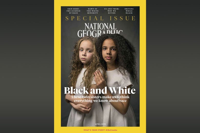 A National Geographic cover depicting biracial twins.